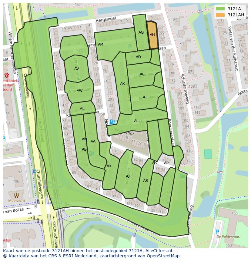 Afbeelding van het postcodegebied 3121 AH op de kaart.