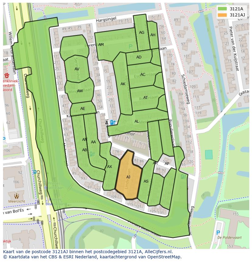 Afbeelding van het postcodegebied 3121 AJ op de kaart.