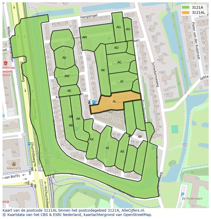 Afbeelding van het postcodegebied 3121 AL op de kaart.