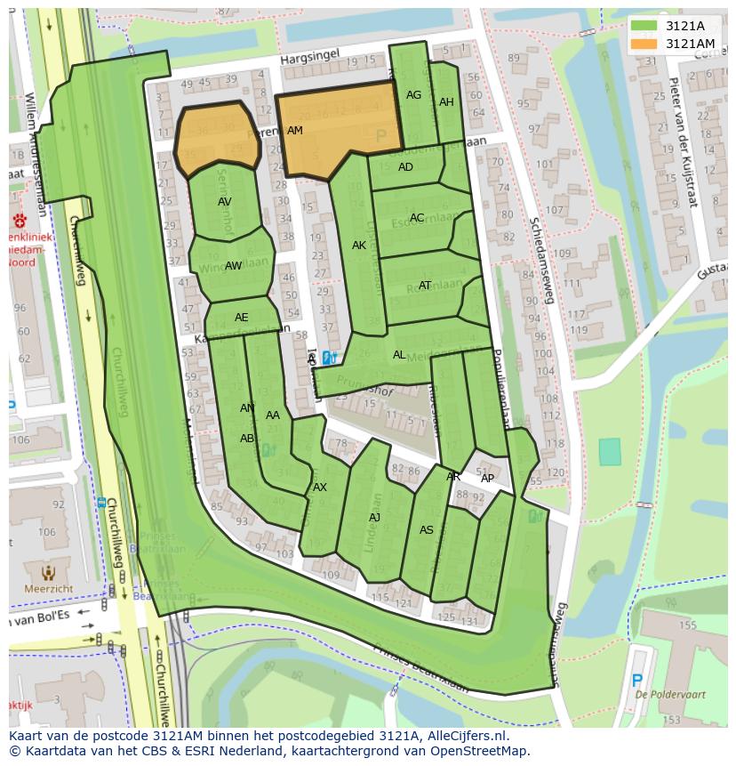 Afbeelding van het postcodegebied 3121 AM op de kaart.