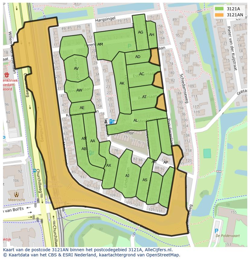 Afbeelding van het postcodegebied 3121 AN op de kaart.