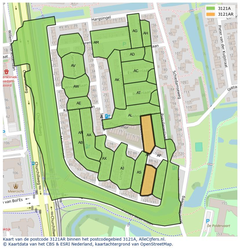 Afbeelding van het postcodegebied 3121 AR op de kaart.