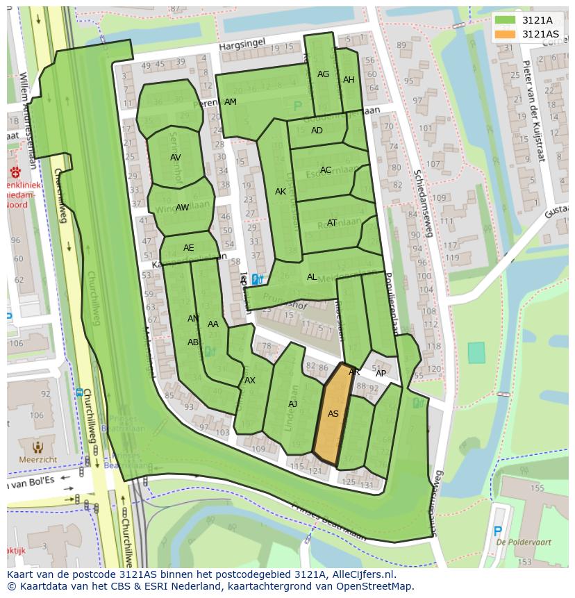 Afbeelding van het postcodegebied 3121 AS op de kaart.