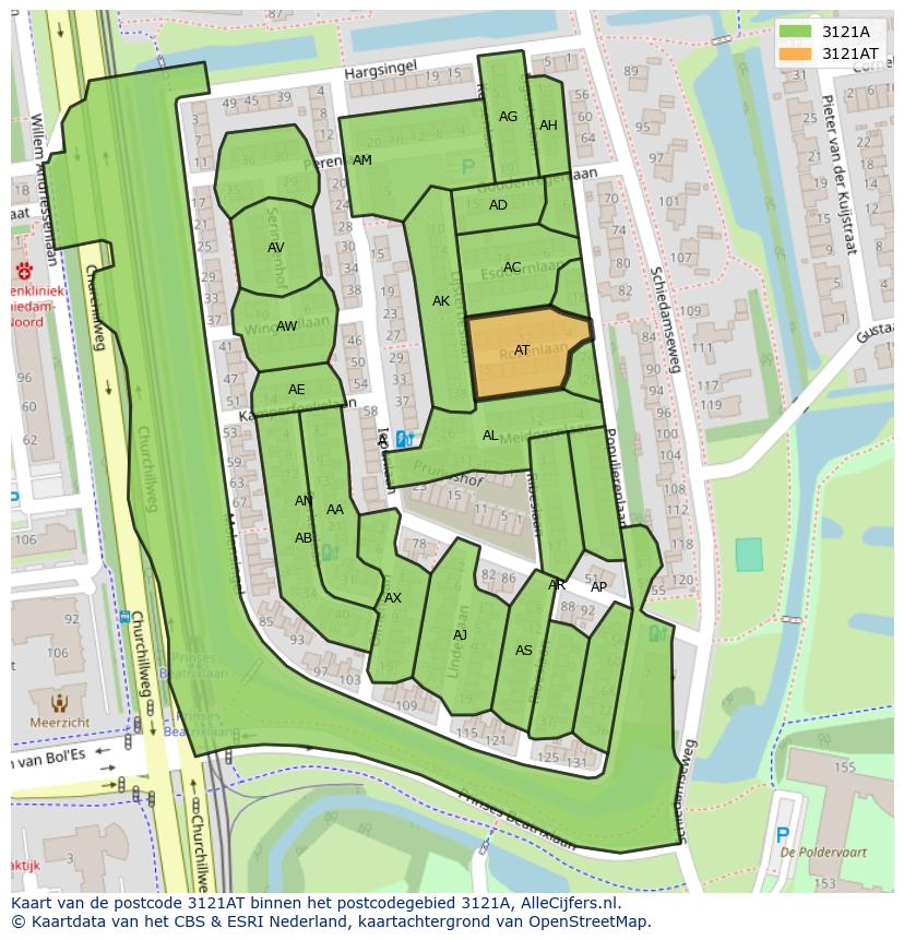 Afbeelding van het postcodegebied 3121 AT op de kaart.
