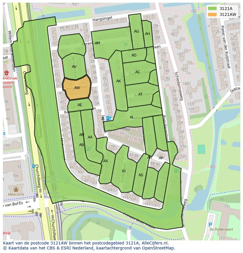 Afbeelding van het postcodegebied 3121 AW op de kaart.