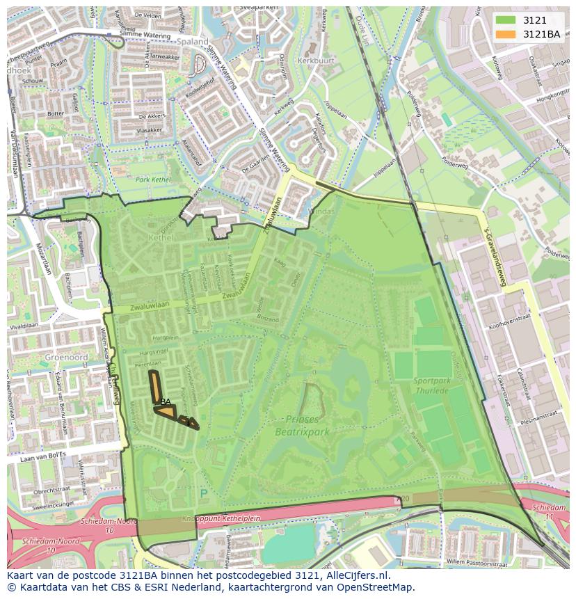 Afbeelding van het postcodegebied 3121 BA op de kaart.