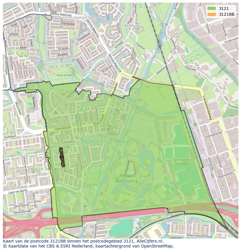 Afbeelding van het postcodegebied 3121 BB op de kaart.