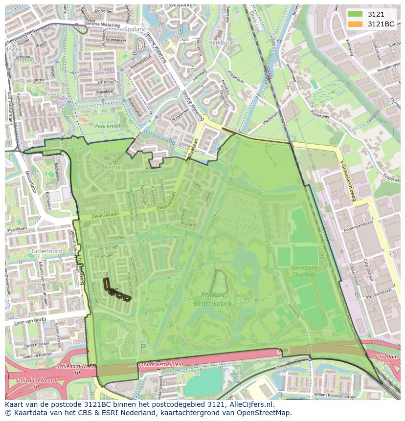 Afbeelding van het postcodegebied 3121 BC op de kaart.