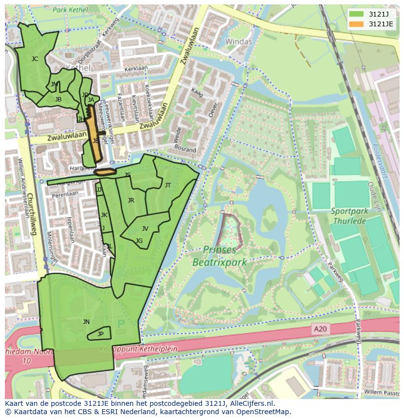 Afbeelding van het postcodegebied 3121 JE op de kaart.