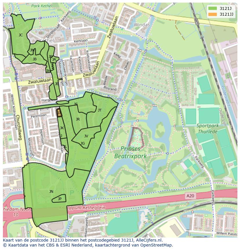 Afbeelding van het postcodegebied 3121 JJ op de kaart.