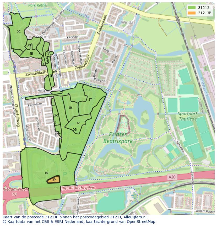 Afbeelding van het postcodegebied 3121 JP op de kaart.