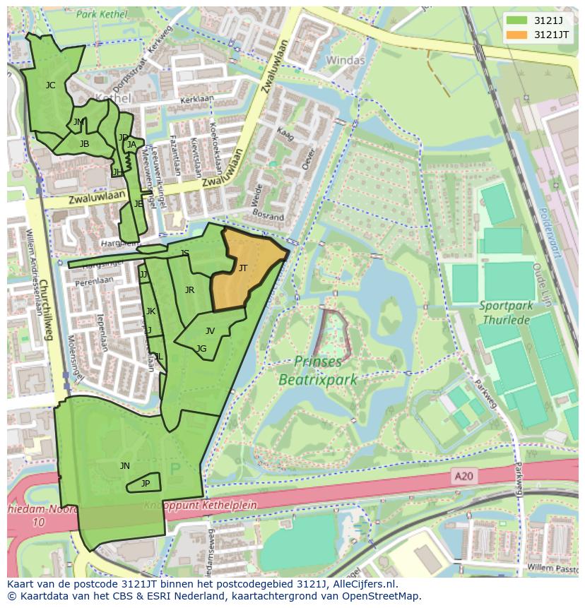 Afbeelding van het postcodegebied 3121 JT op de kaart.