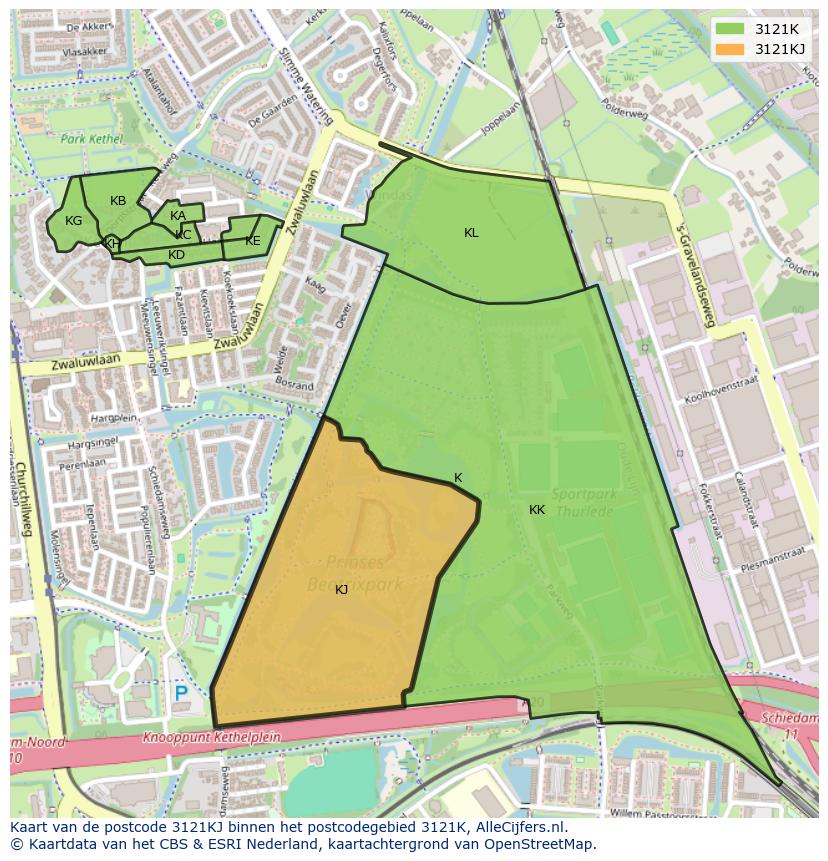 Afbeelding van het postcodegebied 3121 KJ op de kaart.
