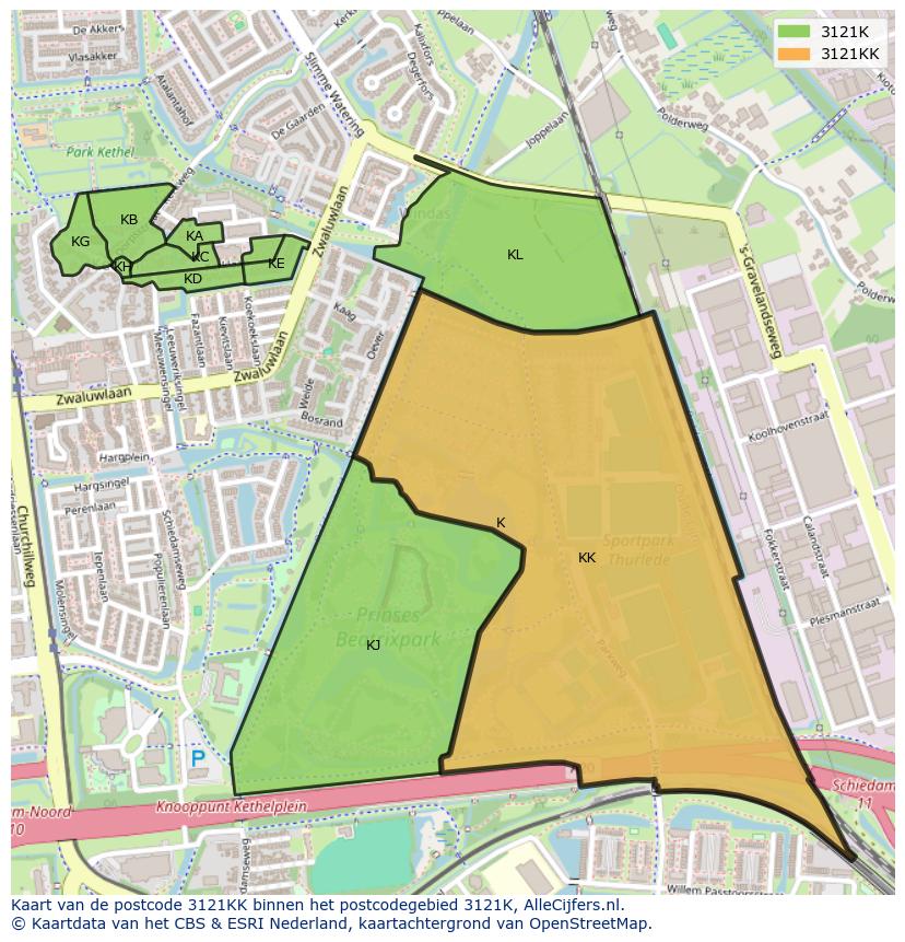 Afbeelding van het postcodegebied 3121 KK op de kaart.