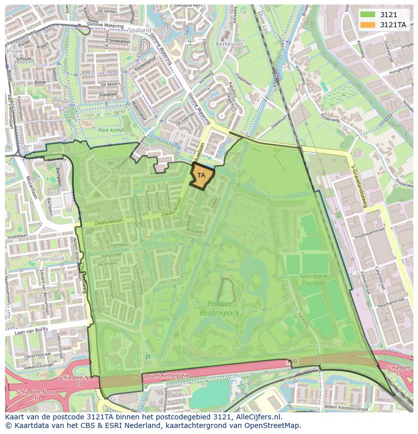 Afbeelding van het postcodegebied 3121 TA op de kaart.