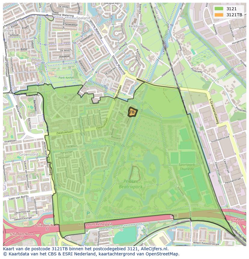 Afbeelding van het postcodegebied 3121 TB op de kaart.