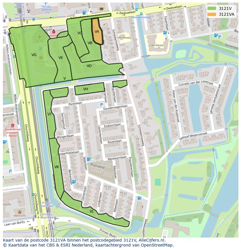 Afbeelding van het postcodegebied 3121 VA op de kaart.