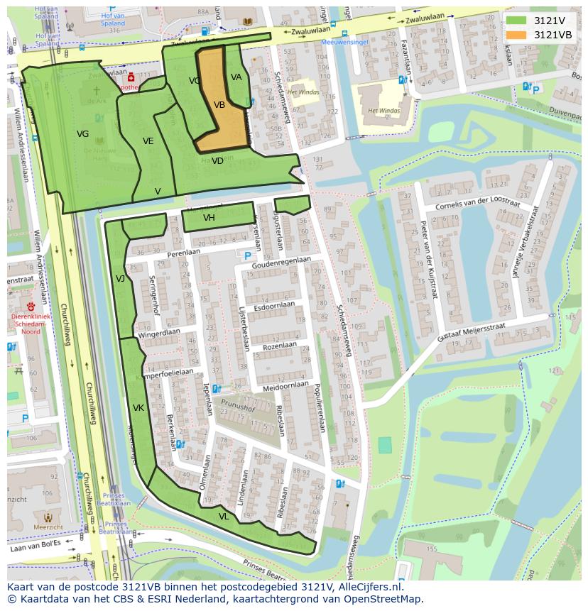 Afbeelding van het postcodegebied 3121 VB op de kaart.
