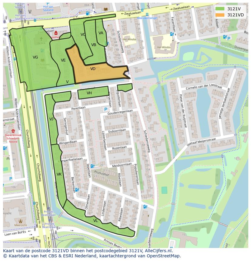 Afbeelding van het postcodegebied 3121 VD op de kaart.