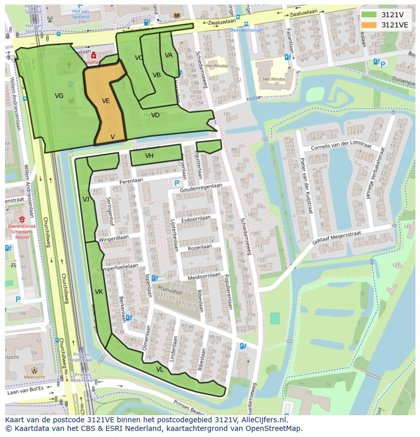 Afbeelding van het postcodegebied 3121 VE op de kaart.