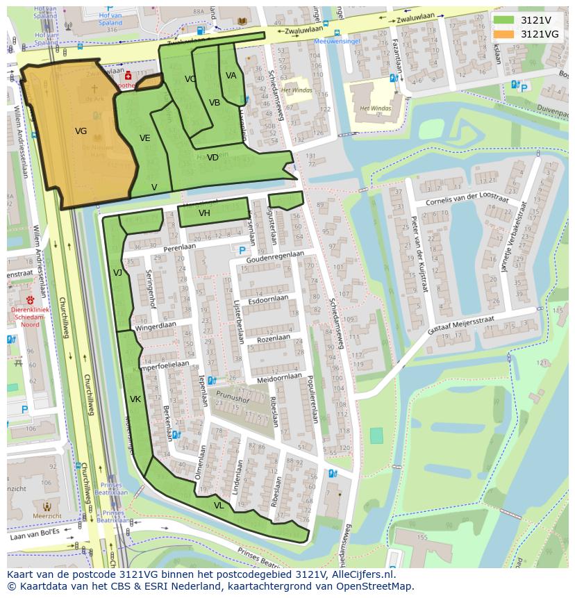 Afbeelding van het postcodegebied 3121 VG op de kaart.