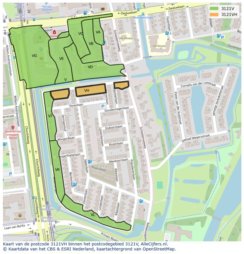 Afbeelding van het postcodegebied 3121 VH op de kaart.