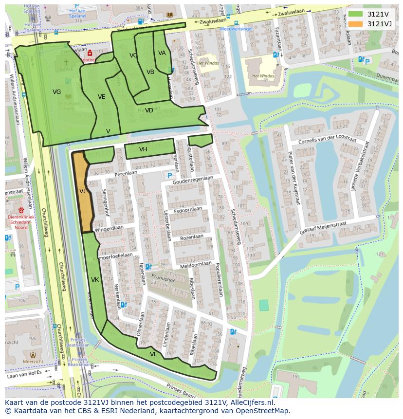 Afbeelding van het postcodegebied 3121 VJ op de kaart.