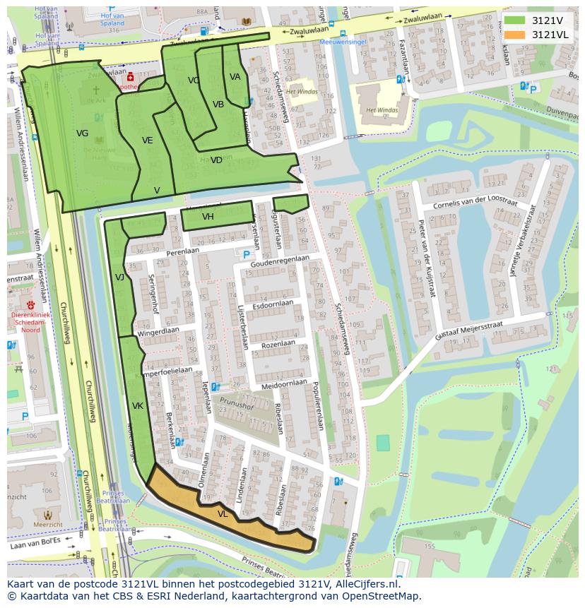 Afbeelding van het postcodegebied 3121 VL op de kaart.