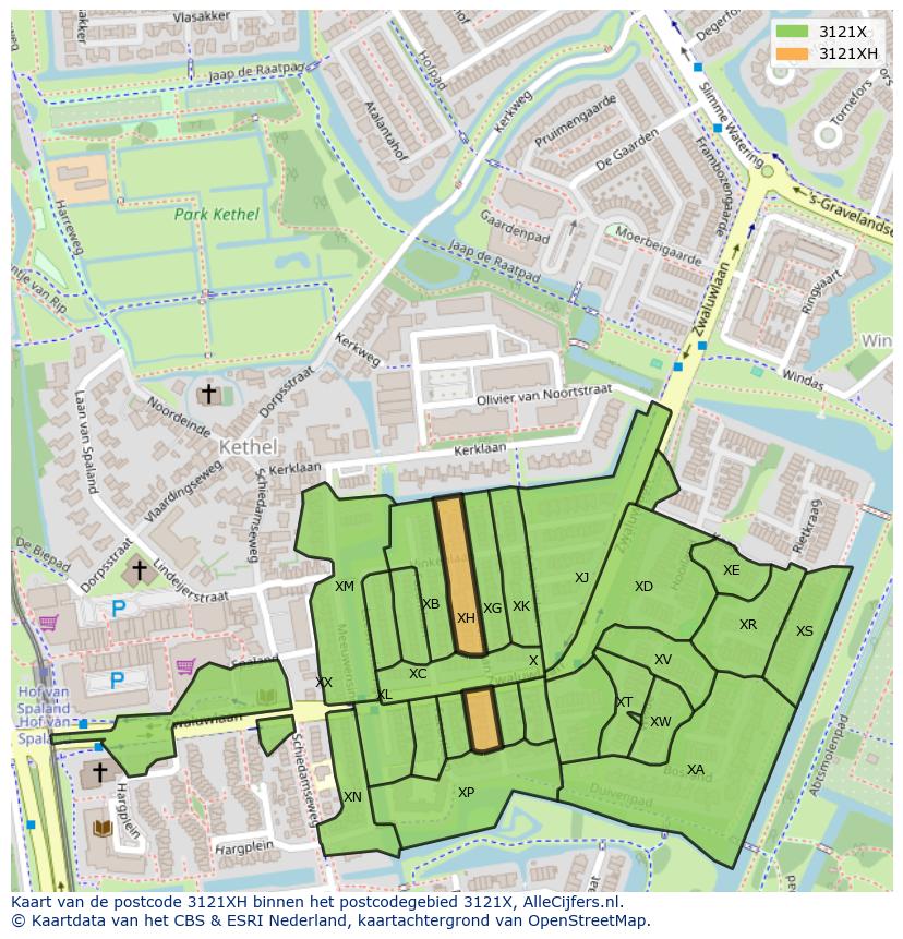 Afbeelding van het postcodegebied 3121 XH op de kaart.
