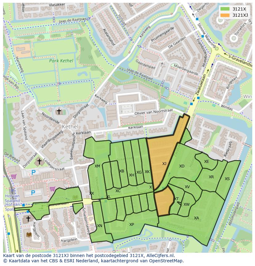 Afbeelding van het postcodegebied 3121 XJ op de kaart.