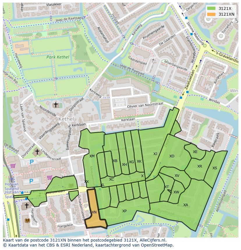 Afbeelding van het postcodegebied 3121 XN op de kaart.