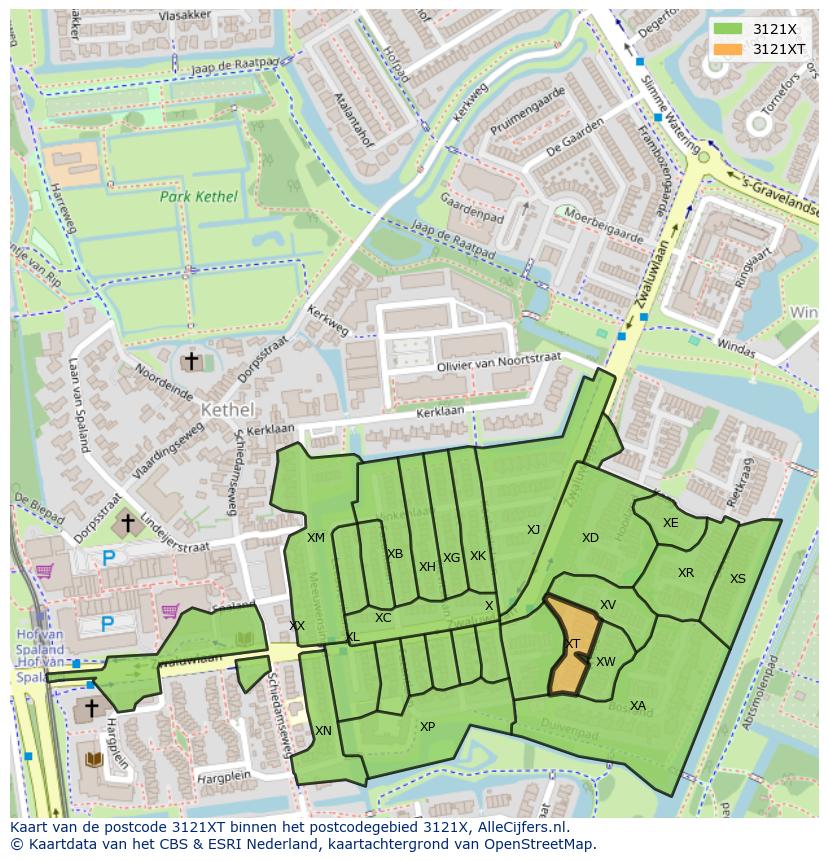 Afbeelding van het postcodegebied 3121 XT op de kaart.