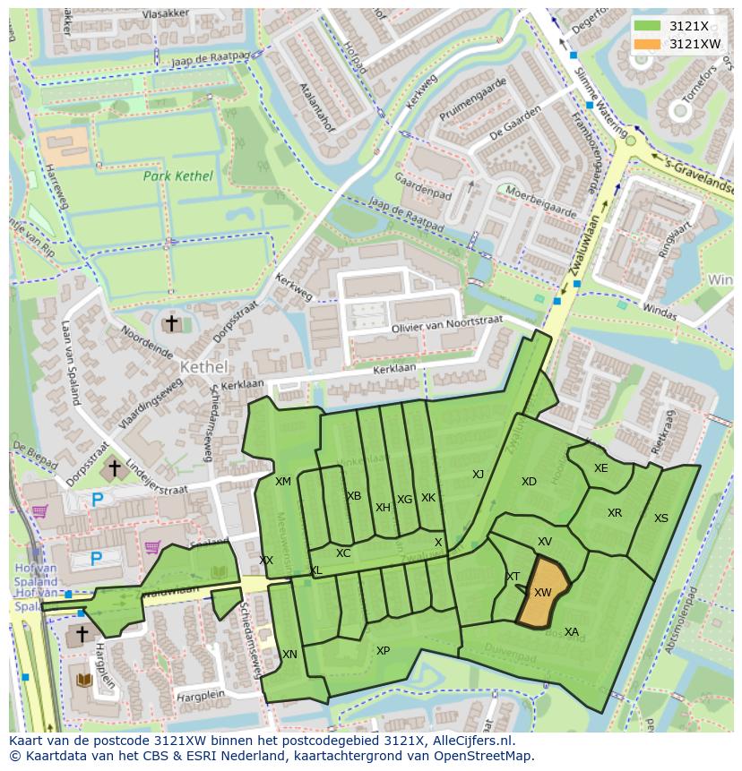 Afbeelding van het postcodegebied 3121 XW op de kaart.
