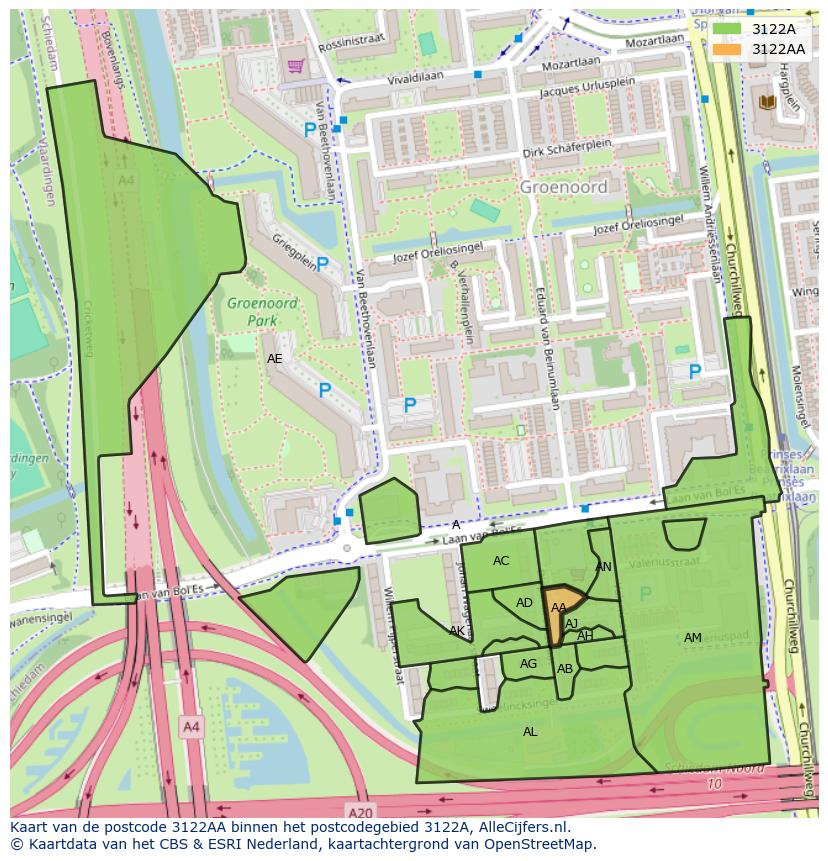 Afbeelding van het postcodegebied 3122 AA op de kaart.