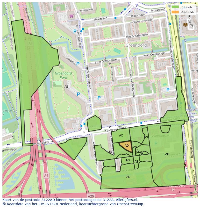 Afbeelding van het postcodegebied 3122 AD op de kaart.