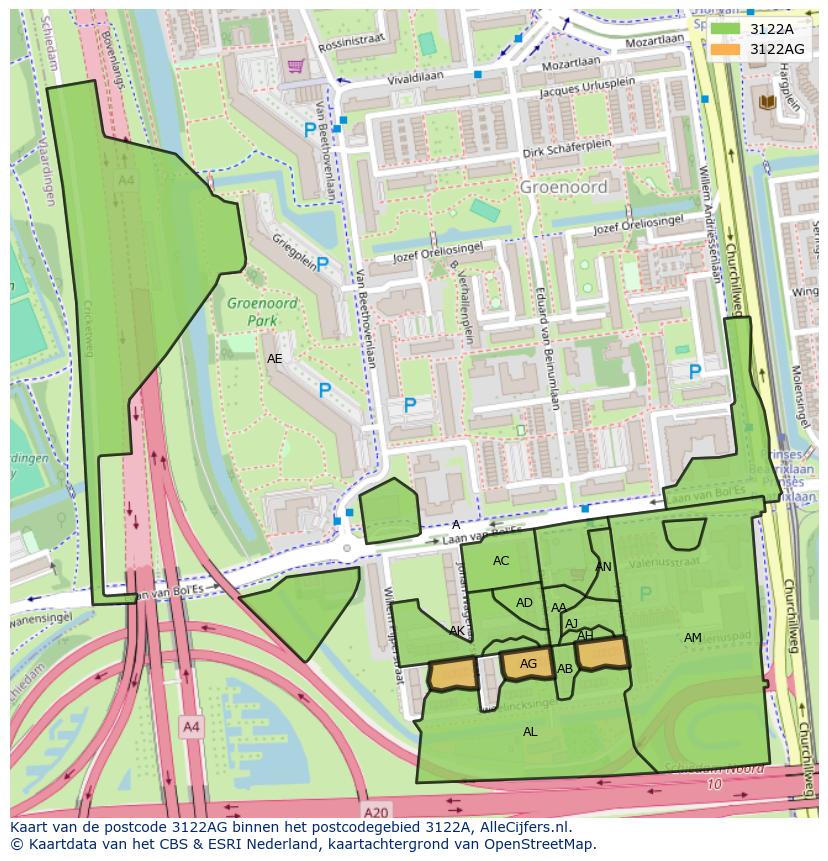 Afbeelding van het postcodegebied 3122 AG op de kaart.