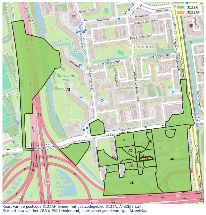 Afbeelding van het postcodegebied 3122 AH op de kaart.