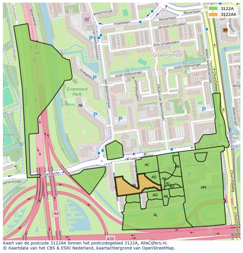 Afbeelding van het postcodegebied 3122 AK op de kaart.