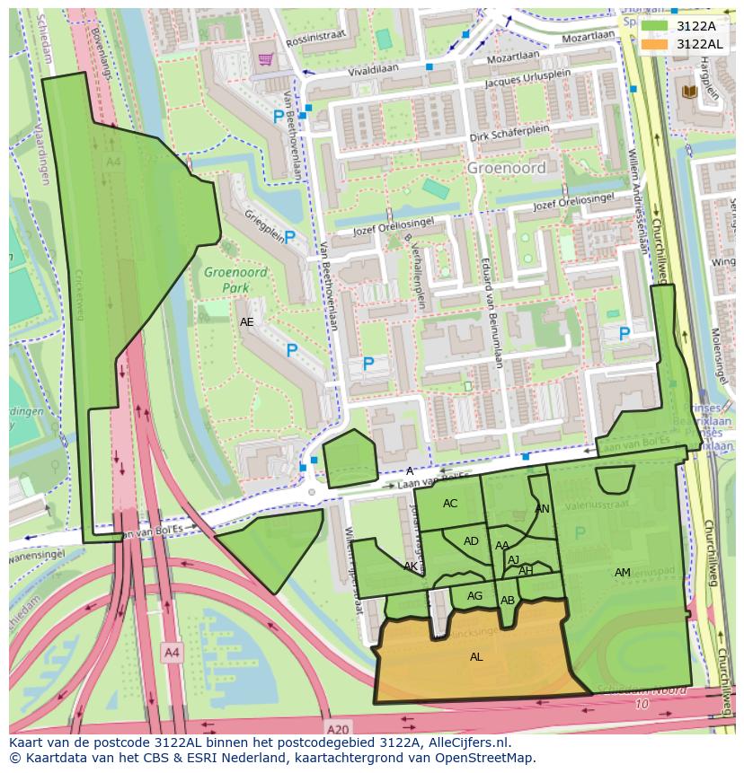 Afbeelding van het postcodegebied 3122 AL op de kaart.