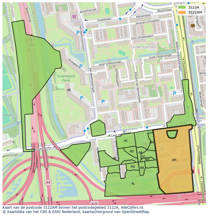 Afbeelding van het postcodegebied 3122 AM op de kaart.