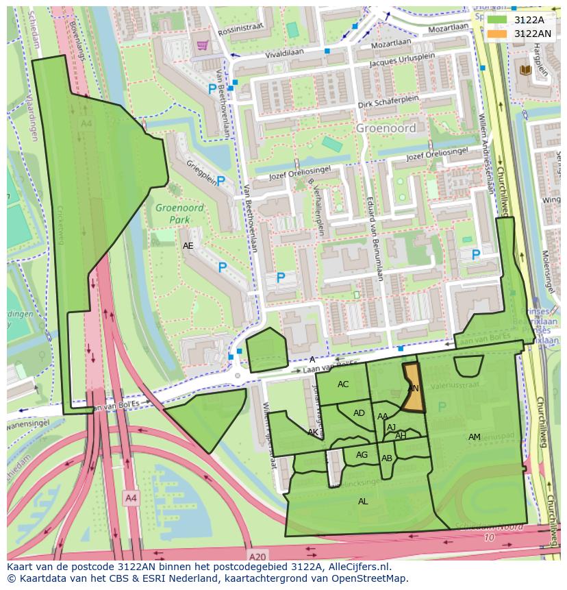 Afbeelding van het postcodegebied 3122 AN op de kaart.