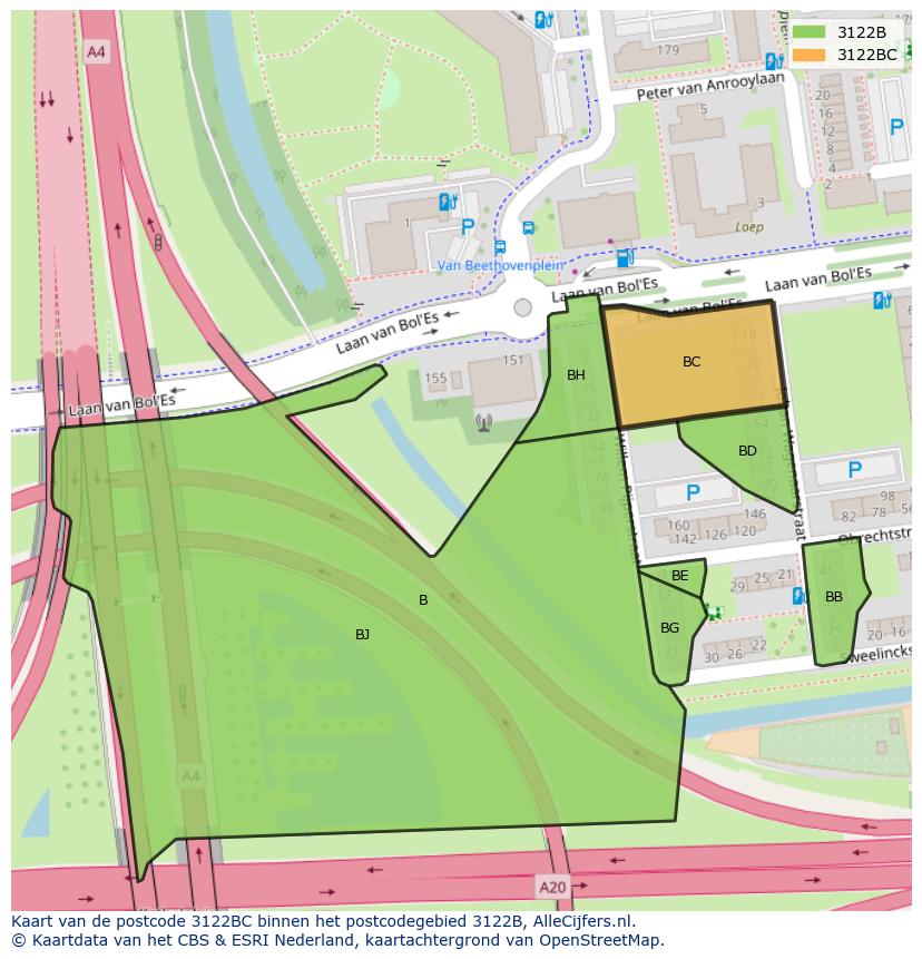 Afbeelding van het postcodegebied 3122 BC op de kaart.