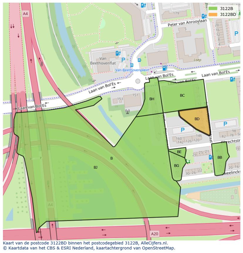 Afbeelding van het postcodegebied 3122 BD op de kaart.