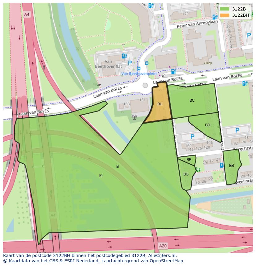 Afbeelding van het postcodegebied 3122 BH op de kaart.