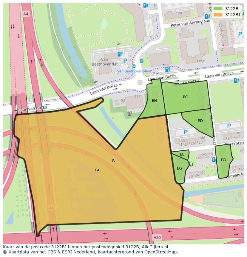 Afbeelding van het postcodegebied 3122 BJ op de kaart.