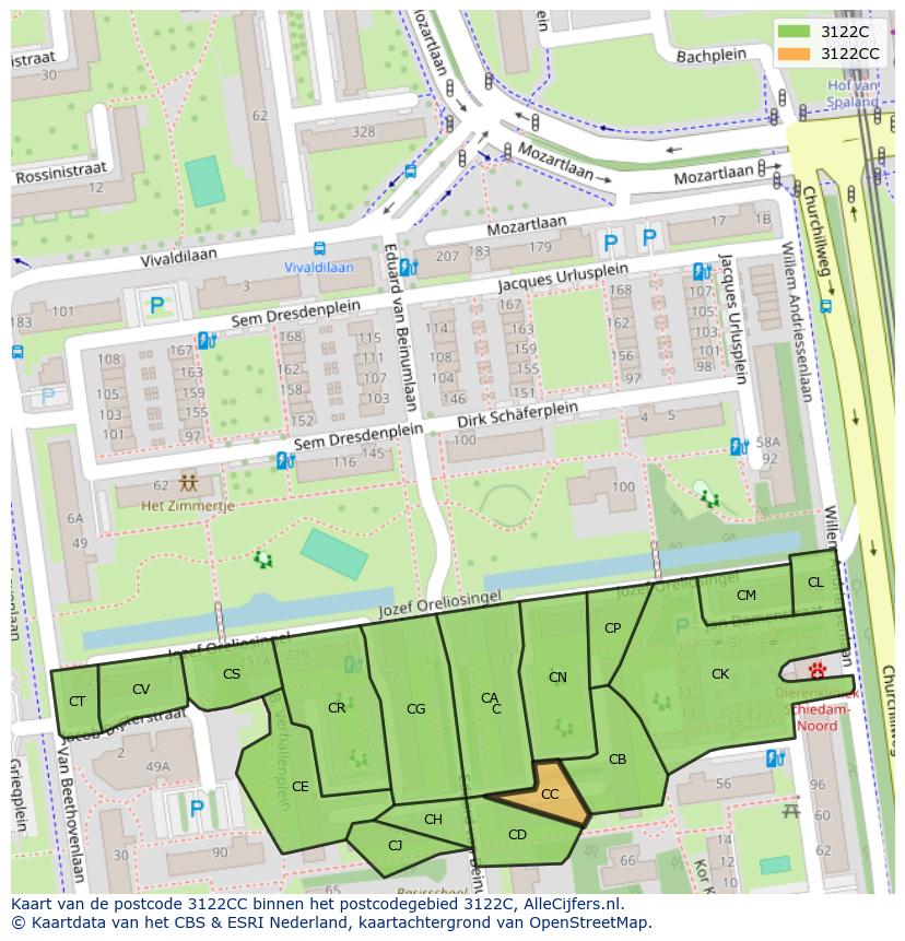 Afbeelding van het postcodegebied 3122 CC op de kaart.