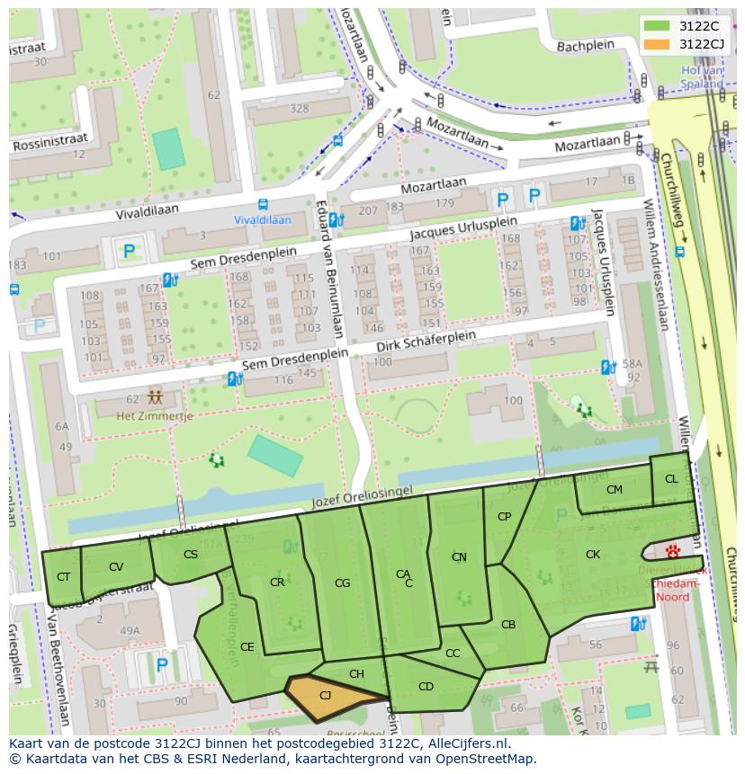 Afbeelding van het postcodegebied 3122 CJ op de kaart.