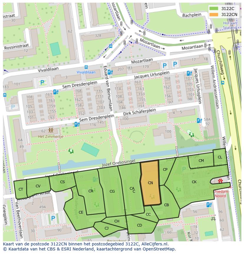 Afbeelding van het postcodegebied 3122 CN op de kaart.