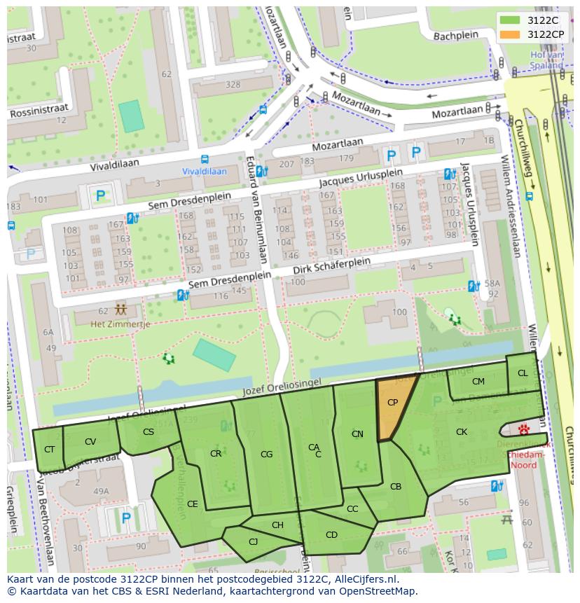 Afbeelding van het postcodegebied 3122 CP op de kaart.