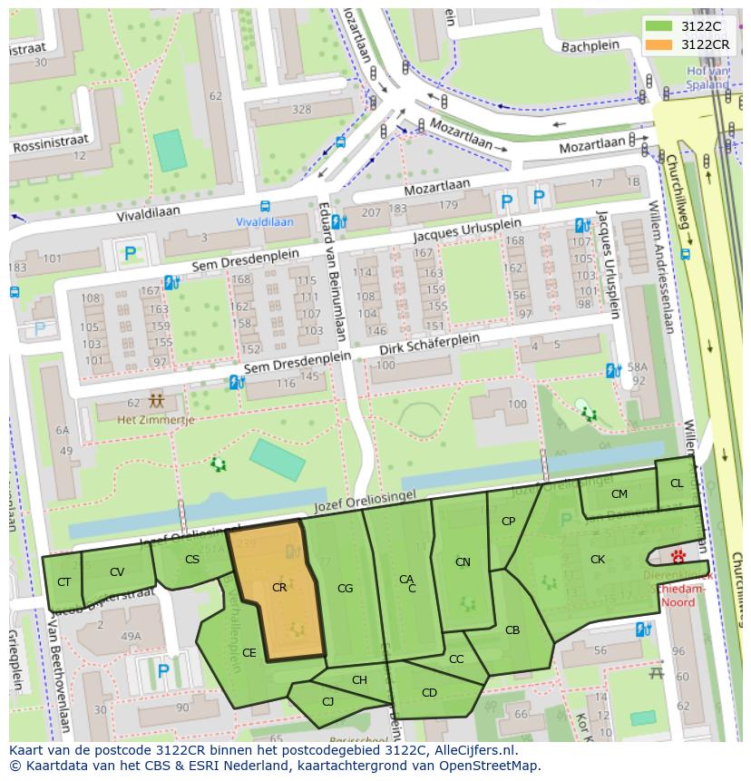 Afbeelding van het postcodegebied 3122 CR op de kaart.